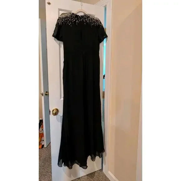 Ieena For Mac Duggal Beaded Sequin Embellished Shoulder Black Maxi Dress 12 NWOT - Picture 3 of 6